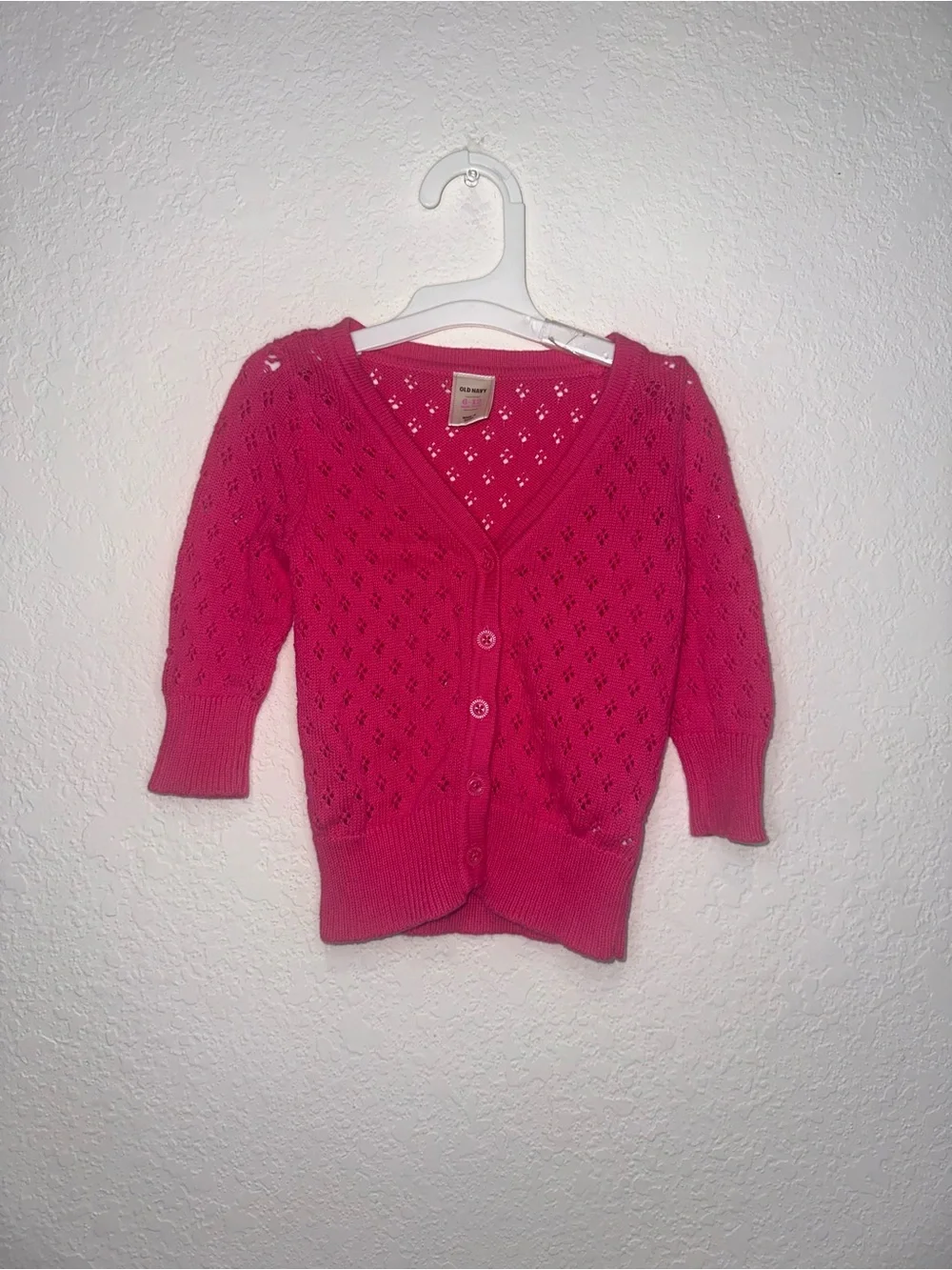 y2k 2011 Old Navy Hot Pink Eyelet Knit Button Cardigan 6-12 Months 100% Cotton